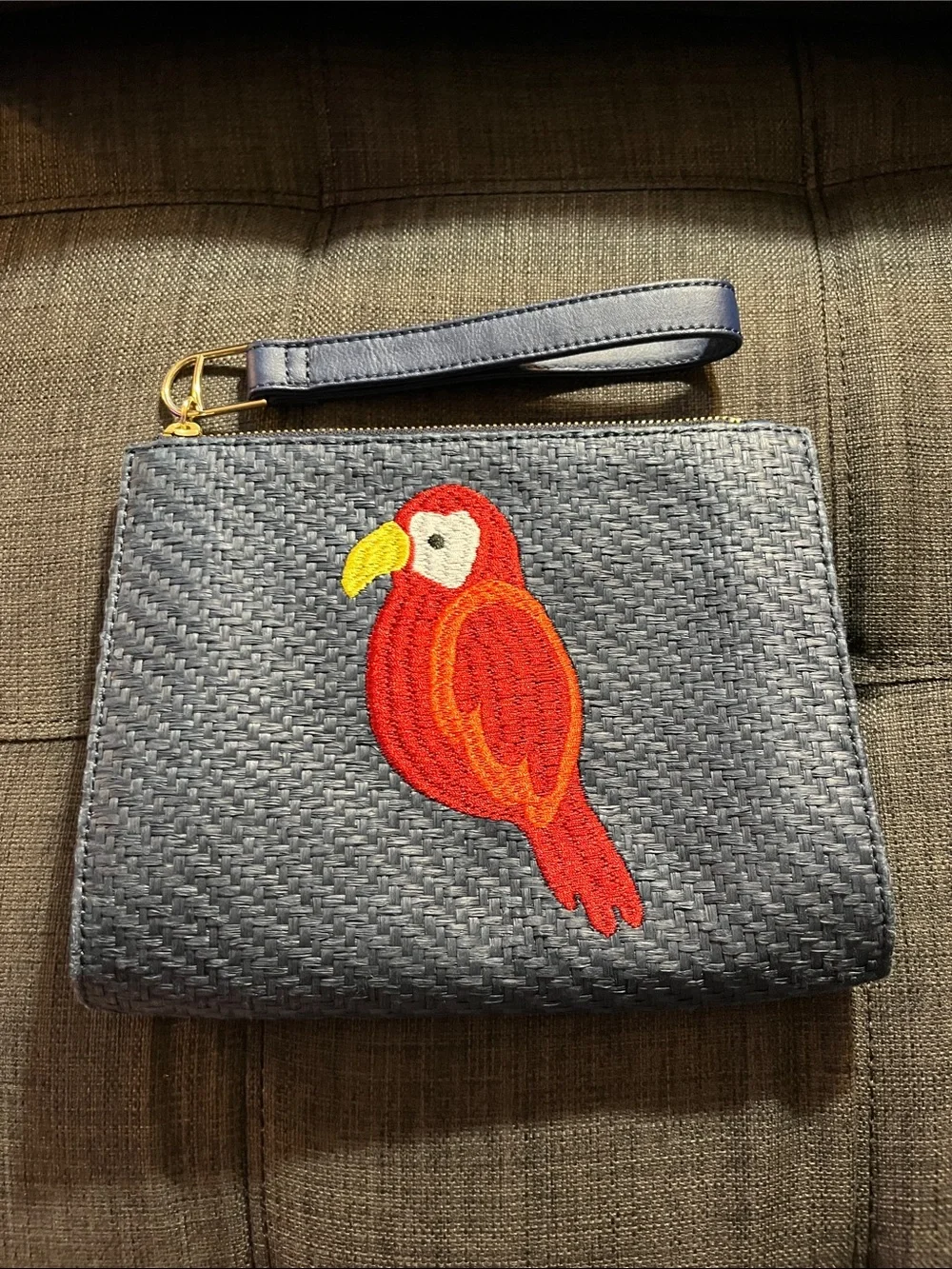 Talbots Navy Blue Embroidered Red Parrot Clutch Purse